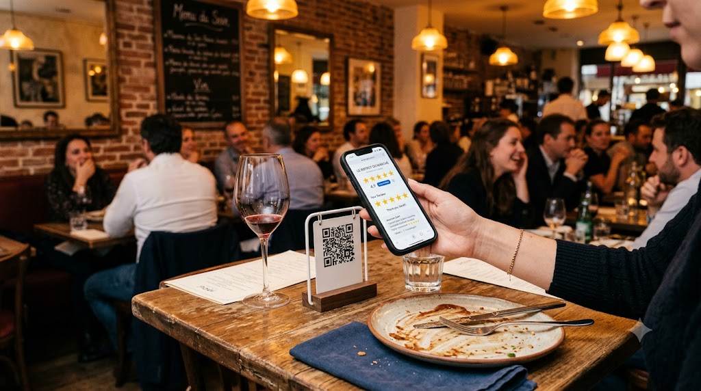 Restaurant avec QR code sur table pour générer des avis Google