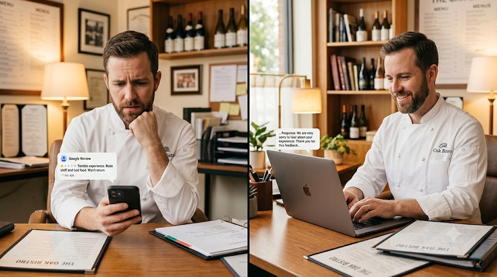 Gérant de restaurant répondant professionnellement aux avis Google négatifs sur son ordinateur
