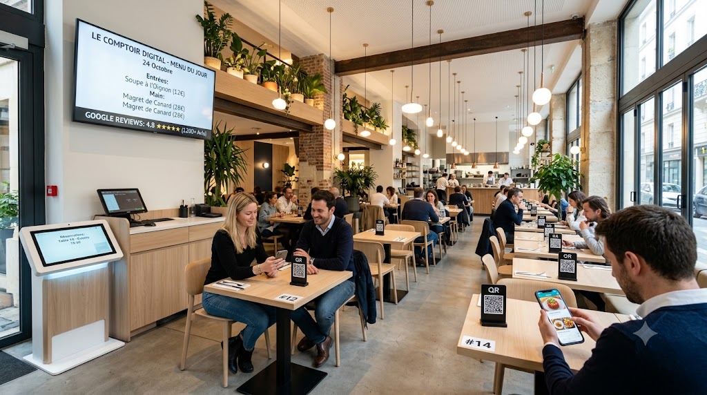 Restaurant moderne digitalisé avec QR codes sur tables et écrans affichant les avis Google