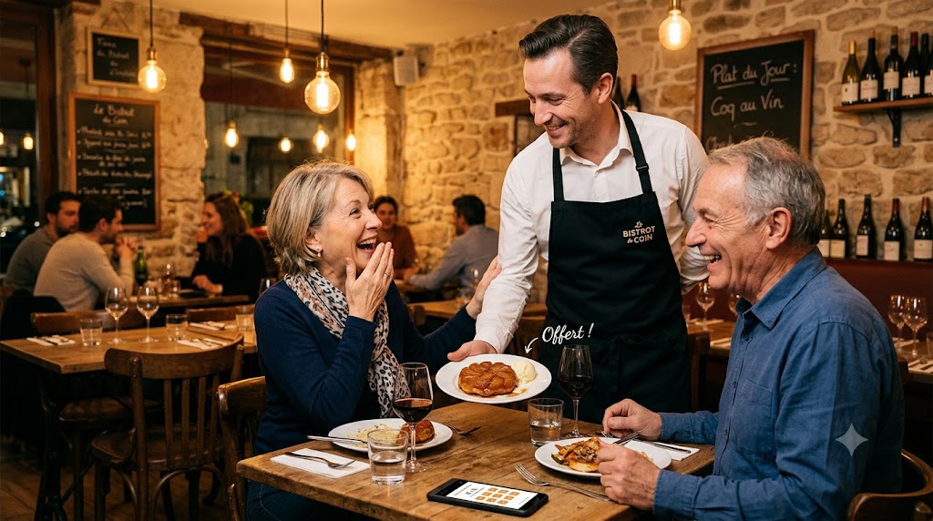 Clients fidèles recevant une récompense dans un restaurant avec carte de fidélité digitale