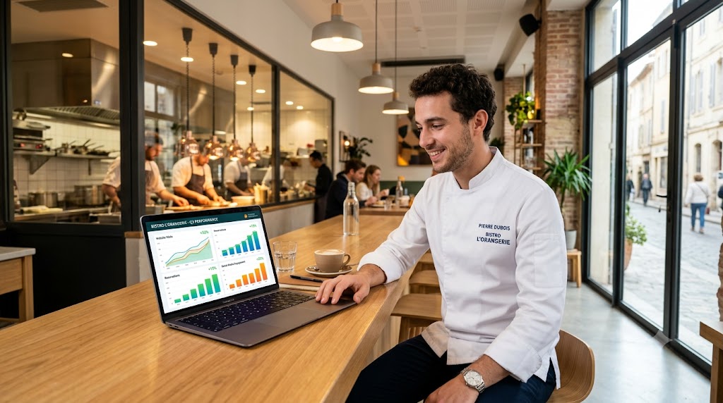 Restaurateur analysant son dashboard marketing Speeneo pour optimiser sa visibilité locale