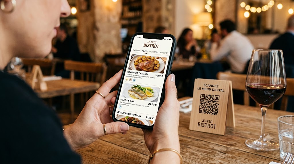 Client scannant un menu QR code digital dans un restaurant avec smartphone